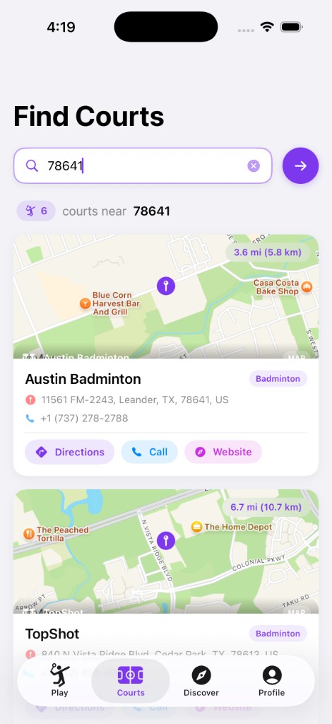 Court search results with map and actions